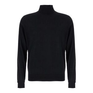 Plain Men Black Turtleneck Sweater In Merino Wool And Silk Blend Man